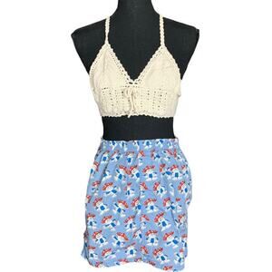 Hawaiian Punch Mini Skirt MEDIUM Upcycled One of A Kind Fun Retro 80s Blue